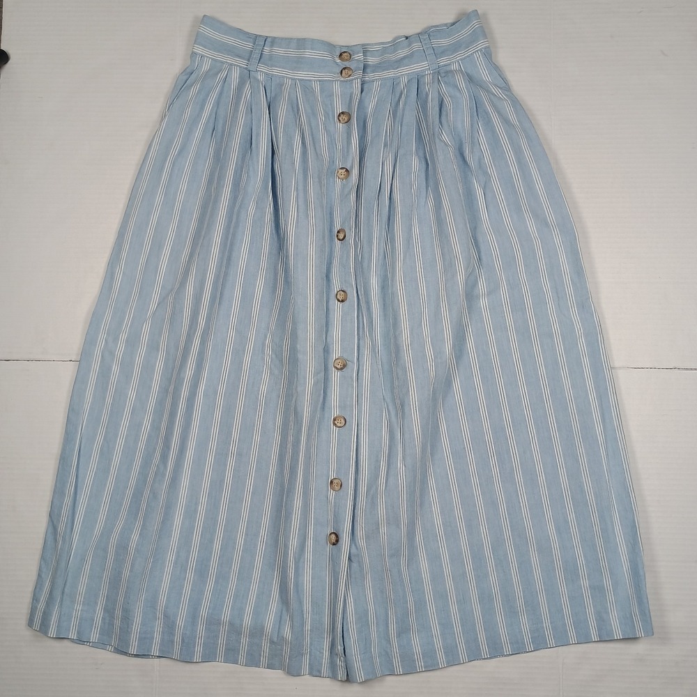 Blue White Stripe Button Down Cotton Vtg A Line Skirt Pockets Knee Modest Sz 16